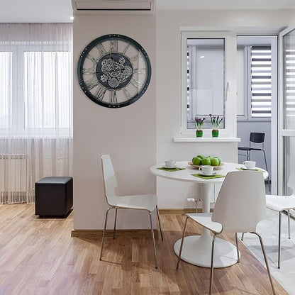 36 Inch Moving Gear Wall Clock, Oversized Wall Clocks, Clock Living Room Decor, Solid Wood Frame, Battery Operated, Large Wall Clock with Steampunk Industrial for Fireplace(Black)