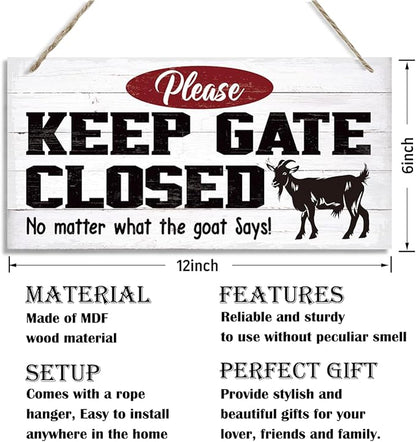 Warning Signs, Keep Gate Closed Goat Sign, Decorative Wood Hanging Wood Plaque, Warning Animal Goat Sign, Funny Novelty Caution Goat Sign for Farm Fence Decor, Farmhouse Home Decor, Gate Sign