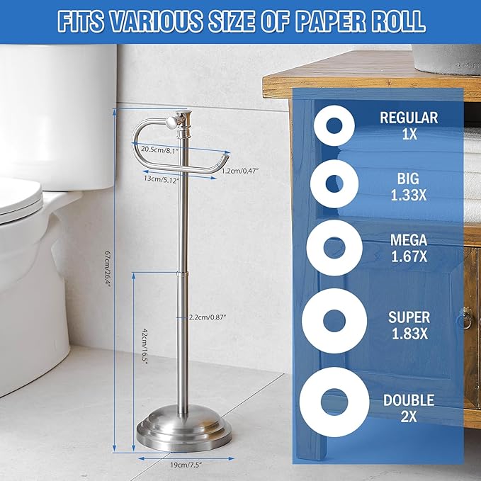 RUMOSE Toilet Paper Holder Stand for Floor, Brushed Nickel Adjustable (12.4" to 22.8") Bathroom Toilet Tissue Holder, Free Standing Toilet Paper Roll Holder with Storage, Stainless Steel