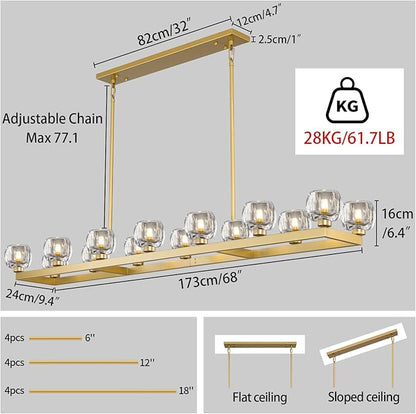 72 Inch Brass Rectangle Wagon Wheel Chandeliers, Gold Chandelier for Dining Room Over Table, Modern Crystal Long Chandelier for High Ceiling, Farmhouse Large Linear Chandeliers for Kitchen Island