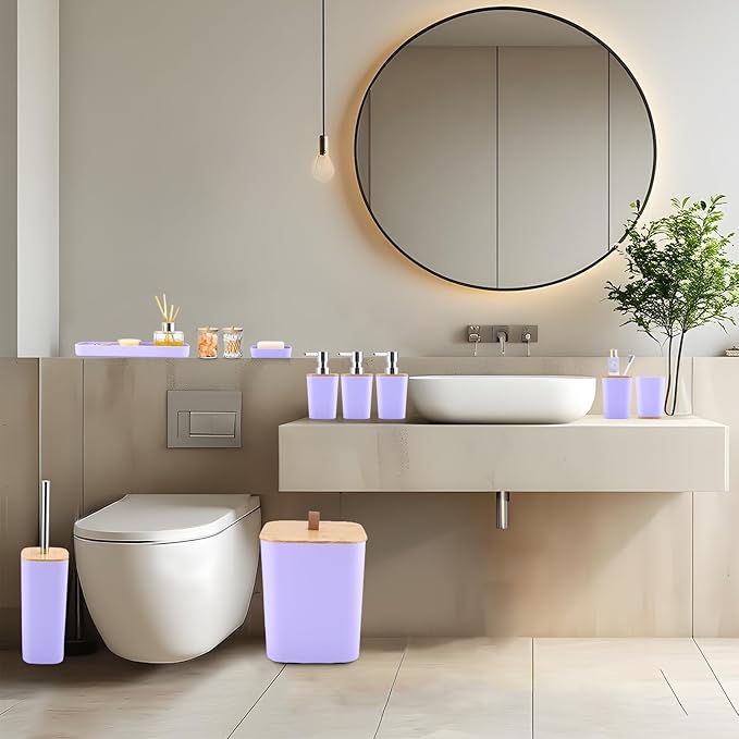 Bathroom Sets with Shower Curtain and Rugs, 27PCS Purple Bathroom Accessories Set with Trash Can, Purple Shower Curtain Set, No Slip Super Absorbent Bathroom Rugs