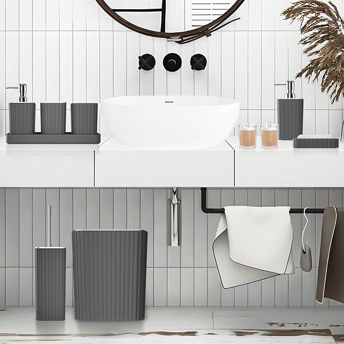 Bathroom Accessories Set - Gorgeous Grey Bathroom Set, 10PC Bathroom Accessory Set, Gray Bathroom Accessories Set, Trash Can, Qtip Holder Dispenser & Soap Dispenser