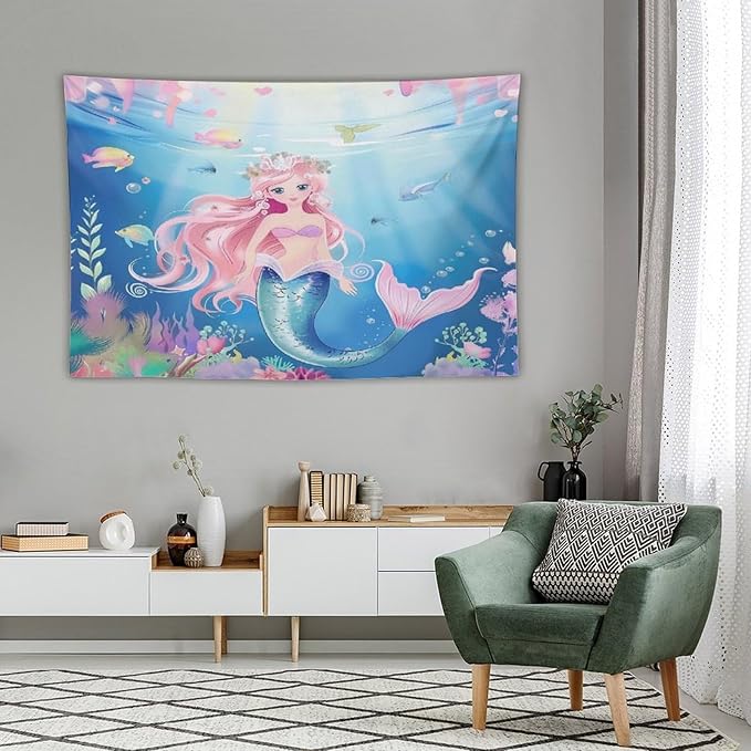 HZOHNAGO Mermaid Girls Tapestry Watercolor Mermaid Princess Pattern Printed Wall Tapestry Wall Hanging for Bedroom Living Room Dorm 90" W x 60" H