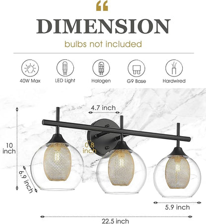 Bathroom Light Fixtures, 3-Light Black and Gold Vanity Lights Over Mirror, Farmhouse Wall Sconce Lighting with Clear Glass and Honeycomb Metal Shade, AD-22001-3W-BK