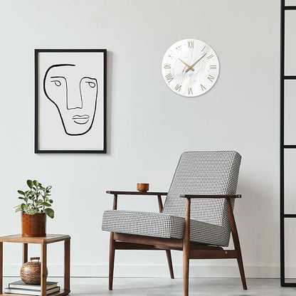 White Marble Large Clocks for Living Room Round Glass Wall Clock Battery Operated 16 Inch Silent Wall Clock Non Ticking