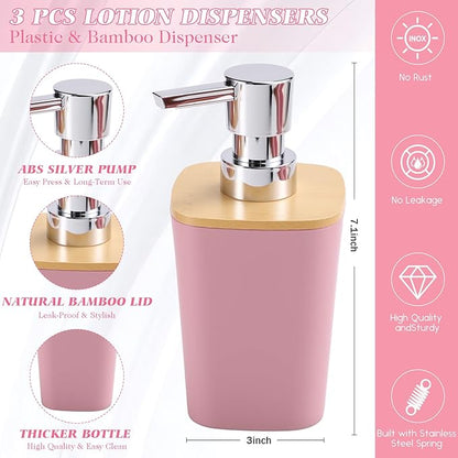 Pink Bathroom Accessories, Bathroom Accessories Set with Trash Can, Soap Dispenser, Toothbrush Holder, Toothbrush Cup, Soap Dish, Toilet Brush, Tray and Q-tip Holders for Housewarming