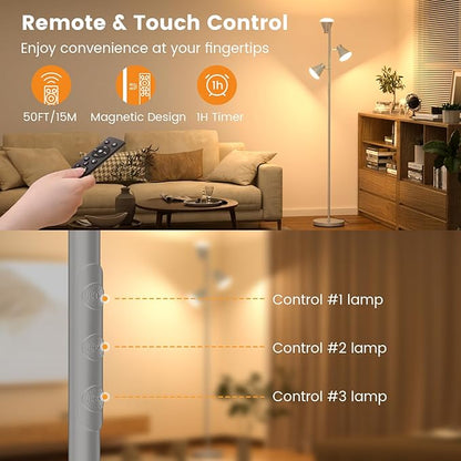 36W LED Tree Floor Lamp, Dimmable Tall Standing Lamp with Remote & Touch Control, 4 Color Temperatures Bright Floor Lamp, 3 Rotatable Light Modern Floor Lamps (Silver Gray)