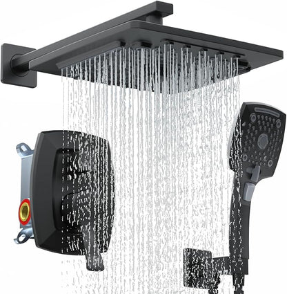 ELLO&ALLO Matte Black Bathroom Shower Faucet Set with Valve, Rainfall Shower Head with Handheld Combo