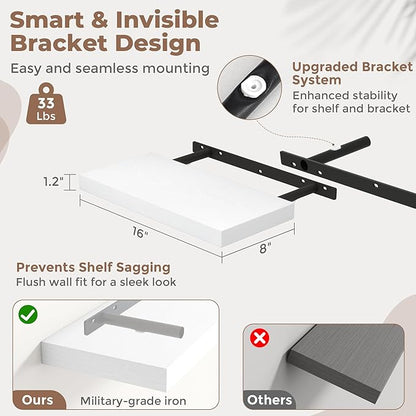 16 Inch Floating Shelves for Wall Set of 2, 8"D Wood Grain Bathroom Shelves with Invisible Brackets, Easy Install Engineered Wood Storage Shelves for Kitchen, Living Room, Bedroom, White Finish