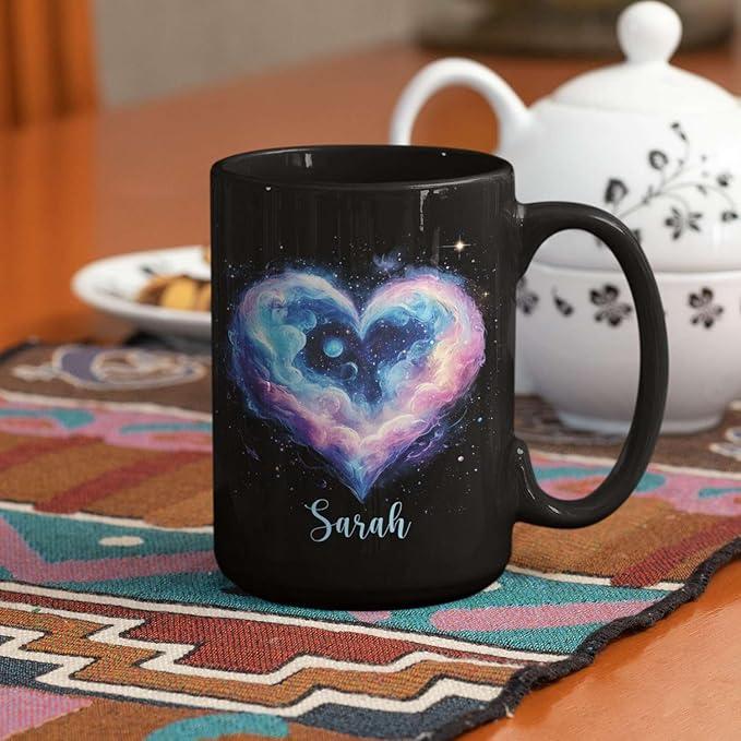 Personalized Love Heart Ceramic Mug, Custom Name Black Cup 11oz Or 15oz, Customized Celestial Themed Coffee Mug, Valentine's Day Themed Keepsake Cup, Gift For Him Her, Heart Mug