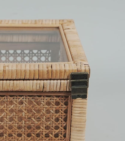 Rattan Box for Home Decor with Lid - Rectangular Coastal Bohemian Style Stackable Decorative Storage Box Set - Handmade from Natural Rattan, Cedar & Real Glass