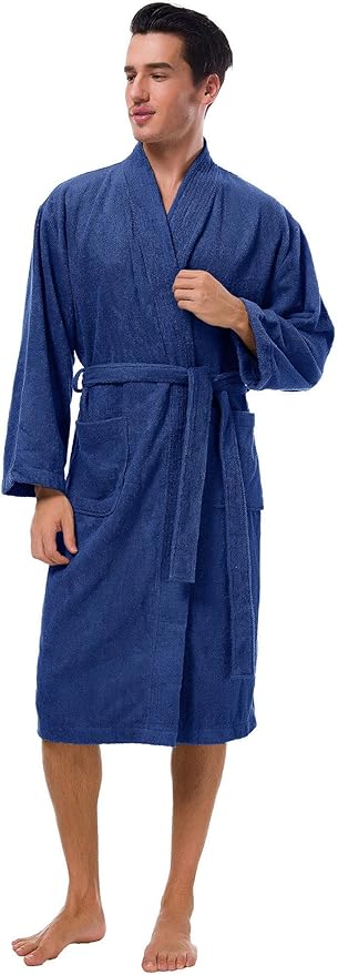 SIORO Mens Robe Terry Cloth Kimono Bathrobe Cotton Soft Shower Towel Bath Robes Calf Length Housecoat for Spa Hotel Hot Tub