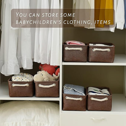 TheWarmHome Storage Basket for Organizing - 12x8x5 inch Small 6 Pack Collapsible Storage Bin for Shelves with Handles, Canves Storage Box for Cloth Closet Organizer Gift Toy (Brown)