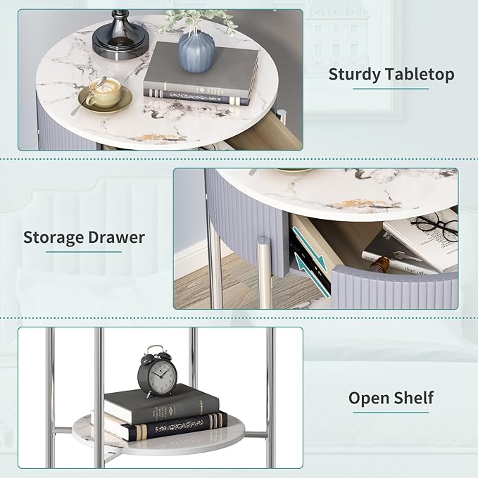 OIOG Round Side Table with Drawer, Modern Nightstand with Shelf and Chrome Finish Metal Legs, 2 Tier End Table for Living Room, Bedroom, Office, Marbling Natural Stone/Silver