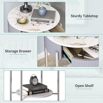 OIOG Round Side Table with Drawer, Modern Nightstand with Shelf and Chrome Finish Metal Legs, 2 Tier End Table for Living Room, Bedroom, Office, Marbling Natural Stone/Silver