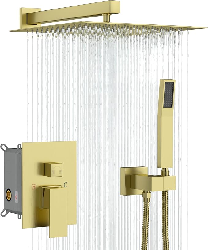 Sarlai Shower System Bathroom Faucet Set Square Rainfall Shower Head and Handle Combo Wall Mounted Shower Faucet with Valve 12 Inch Shower Head Trim Systems Gold Brushed