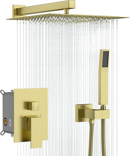 Sarlai Shower System Bathroom Faucet Set Square Rainfall Shower Head and Handle Combo Wall Mounted Shower Faucet with Valve 12 Inch Shower Head Trim Systems Gold Brushed