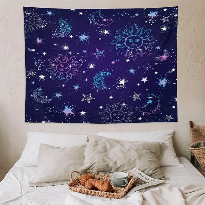 HZOHNAGO Boho Sun Moon Tapestry Purple Blue Sun Stars Galaxy Pattern Printed Wall Tapestry Wall Hanging for Bedroom Living Room Dorm 80" W x 60" H
