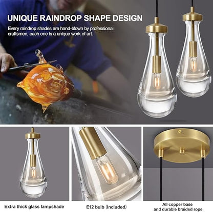 Brass Raindrop Pendant Lights Kitchen Island 2-Light, Cluster Gold Pendant Light Fixture for Bedroom, Dimmable Dining Room Light Fixture Hanging Pendant Lighting Ceiling Chandelier for Foyer
