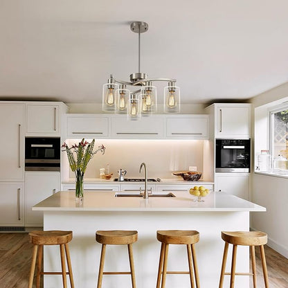 6-Light Brushed Nickel Chandeliers for Dining Room Light Fixtures Over Table, Adjustable Height Hanging Industrial Pendant Lighting for Kitchen Island Bedroom, Clear Glass Shade