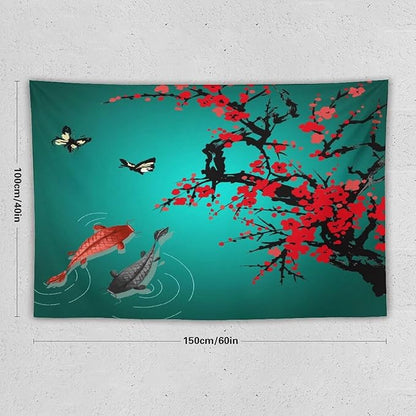 Houselerax Japanese Koi Fish Tapestry, Cherry Blossoms Asian Oriental Green Teal Floral Branch Koi Fish Carp Tapestries Wall Hanging for Bedroom Living Room Office Decor 60"x40"