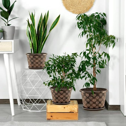 16 Inch Planter Pots for Plants, Plastic Large Flower Pots Indoor Outdoor, 4 Pack Resin Plant Pot with Drainage & Saucer, Retro Decorative Garden Pot with Removable Trays for House