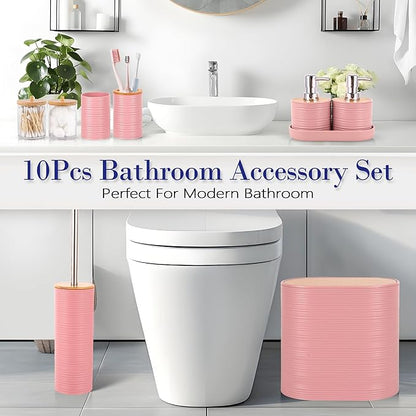 Bathroom Accessory Set,10 PCS Pink Bathroom Accessories Set with Trash Can, Toothbrush Holder, Soap Dispenser, Toothbrush Cup, Vanity Tray, Soap Dish, Toilet Brush, Qtip Holders