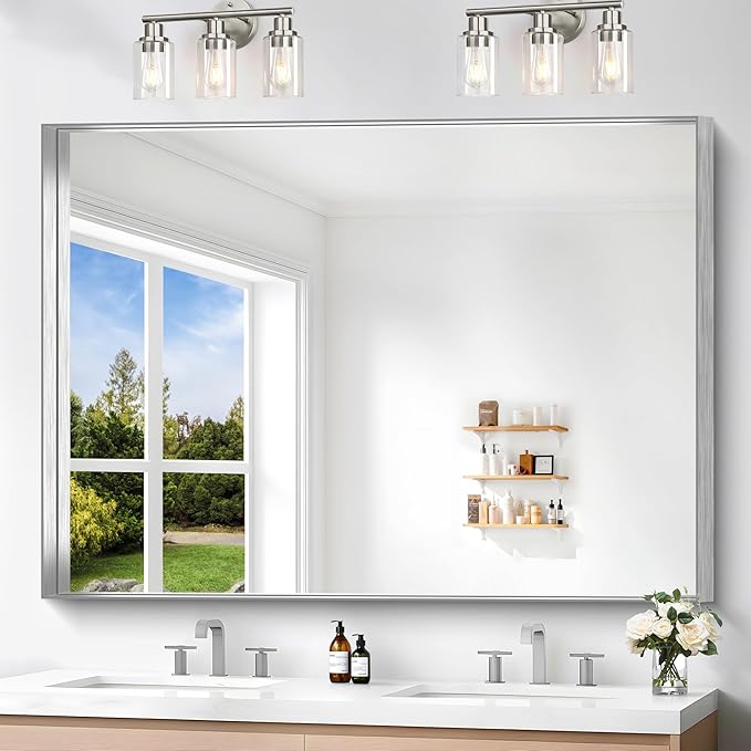 Silver Bathroom Mirror, 36x48 Inch Rectangular Deep Frame Mirror, Large Wall Mounted Bathroom Vanity Mirror Over Sink for Bedroom,Restroom, Living Room, Hangs Vertically or Horizontally