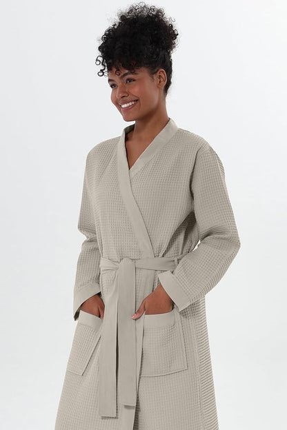 Women’s Luxury Waffle Shawl Collar, Hooded Robe w Piping – Lightweight, Long, Ultra Soft Spa Sleepwear Bathrobe