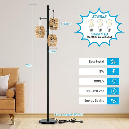 Boho Rattan Floor Lamp - Dimmable 70 Inch with Shades, Coastal 3 Light Bohemian Standing Lamp for Living Room Bedroom Office