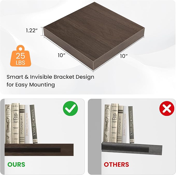 Square Floating Shelves for Wall, 10" W x 10" D x 1.2" H, Small Wooden Wall Mounted Display Shelves with Invisible Brackets for Living Room, Bedroom, Bathroom, Kitchen Decor, Set of 4, Walnut