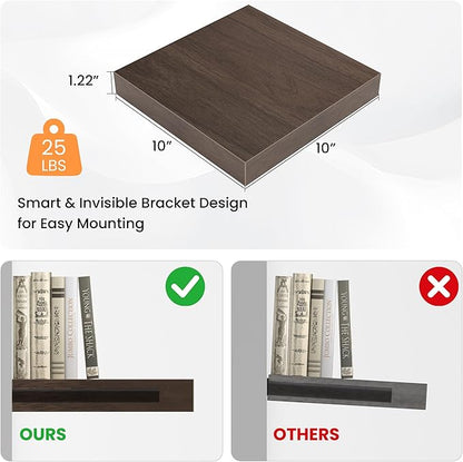 Square Floating Shelves for Wall, 10" W x 10" D x 1.2" H, Small Wooden Wall Mounted Display Shelves with Invisible Brackets for Living Room, Bedroom, Bathroom, Kitchen Decor, Set of 4, Walnut