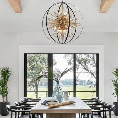 31.5" Black Gold 16-Light Globe Sputnik Chandelier Modern Industrial Adjustable Hanging Ceiling Firework Pendant Light Fixture for Entryway Foyer Stairway Bedroom Dining Living Room Hallway