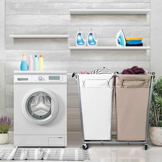 280L Laundry Cart with Wheels, Commercial Large Rolling Laundry Sorter, Heavy Duty Divided 2 Section Laundry Hamper with Steel Frame and Removable Bag for Laundry Room, Bedroom,Hotel Mix Color