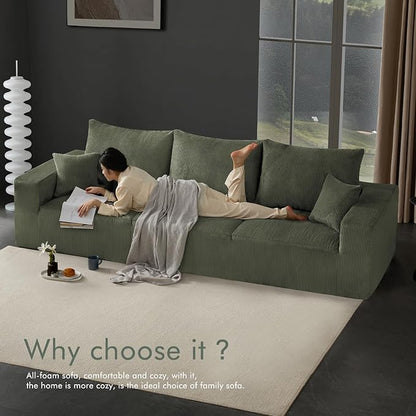 Boneless Sectional Cloud Couch Sofa Bed for Living Room, 112" Modular Modern Lounge 3 Seater Sleeper Green Couches with Chaise, No Assemble, Cordury Compression Upholstered Sofas