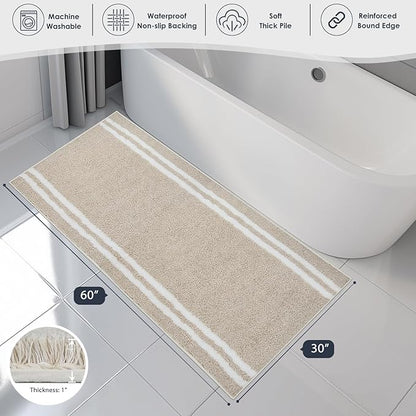 PURRUGS Bathroom Rug Non-Slip Machine Washable 30" x 60", Super Absorbent and Quick Dry Shaggy Microfiber Bath Mat, Extra Soft and Plush Bath Rug for Bathtub, Shower and Sink, Beige