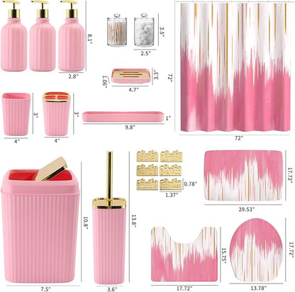 32PCS Bathroom Sets with Shower Curtain and Rugs-Grey Bathroom Accessories,Non Slip Bathroom Rugs Set with Toilet Lid Cover, Waterproof Shower Curtain, 3PC Soap Dispenser with Trash Can