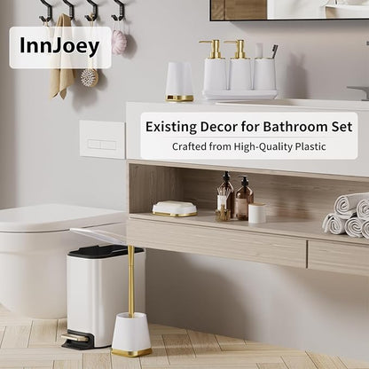 Bathroom Accessories Set- 8PC White Bathroom Set, Luxury Bathroom Set with Stainless Steel Bathroom Trash Can, Toilet Brush, Toothbrush Holder & Soap Dispenser