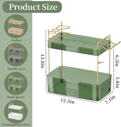 Bathroom Counter Organizer with Hair Dryer Holder, Hair Tool Countertop Storage, Cosmetics Skincare Shelf Organizer, Makeup Organizer Perfume for Dresser Vanity Tray(2 Tier-Green)