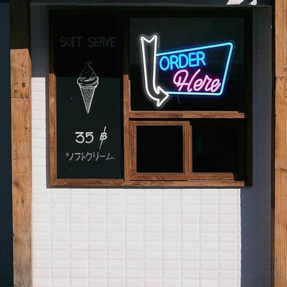 Order Here Neon Sign Led letters Sign Dimmable Order Neon Light for Wall Decor Larger Order Here Light Up Sign for Restaurant Shop Bar Business Neon Decor(16.1 * 12.6 In)