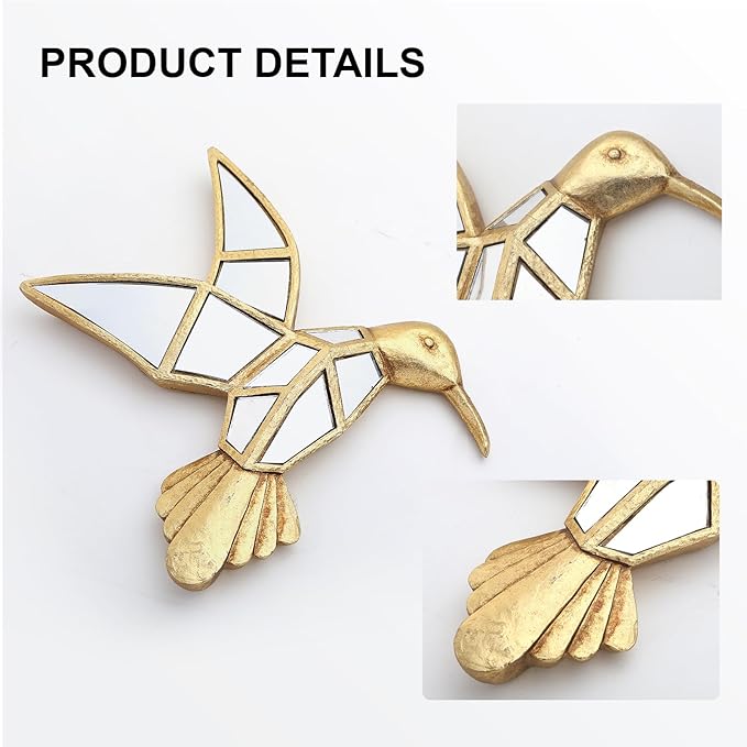 Vintage Wall Sculpture Animals Gold Bird Mirrors - Gold Resin Hummingbird and Glass Wall Decor, Perfect for Victorian and European Themed Homes
