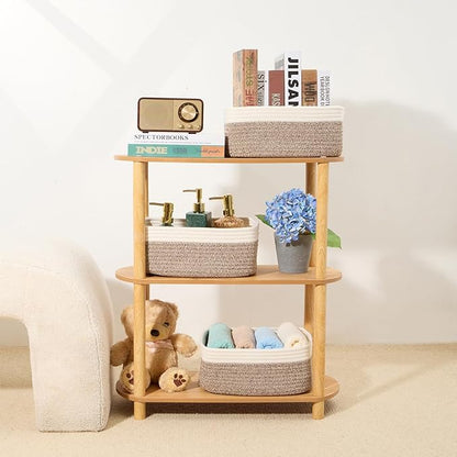Small Storage Baskets for Organizing | Closet Organizer Bins | Shelf Toy Basket | Woven Rope Baskets | Cube Decorative Box | Shallow Basket | 13x8.5x5.1” | 4 Packs White Brown