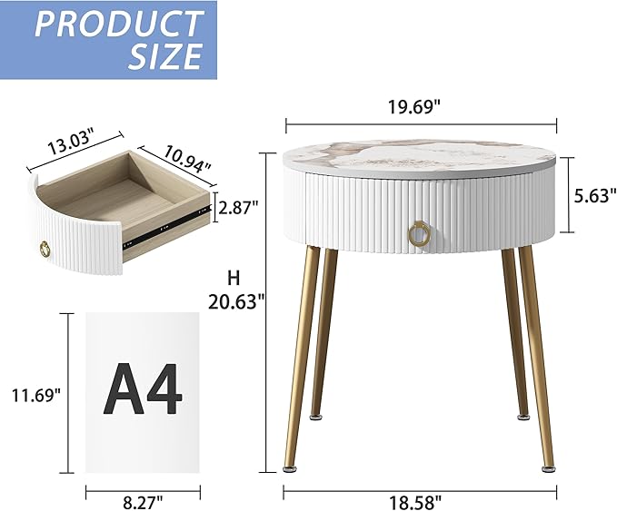 OIOG Round Nightstand with Drawer, Modern Side Table with Marbling Natural Stone Tabletop and Metal Legs, Small End Table with Storage for Living Room and Bedroom, Gold