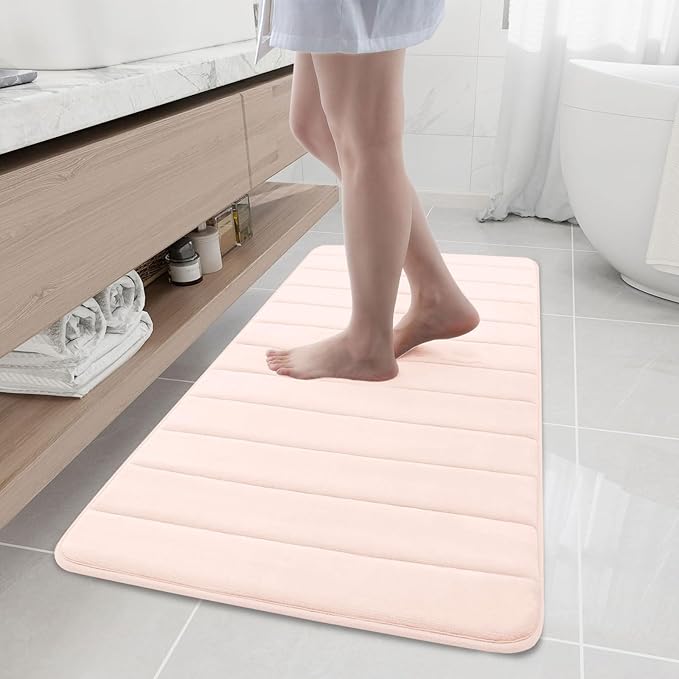 Buganda Memory Foam Bath Mat, 47" x 20", Ultra Soft and Non-Slip Bathroom Rugs, Water Absorbent and Machine Washable Bath Rug Runner for Bathroom, Shower, and Tub, Pink