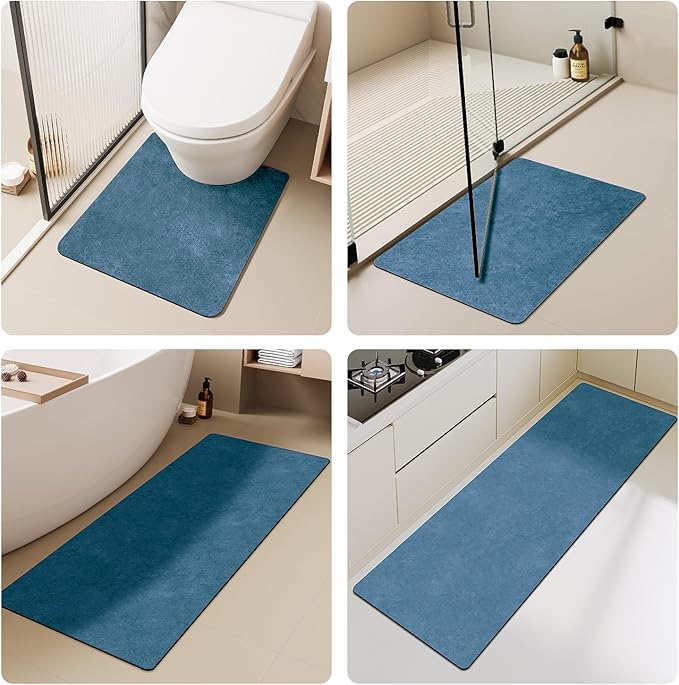 Bathroom Mat Quick Dry, Bathroom Rugs Non Slip Washable Thin Absorbent Bath Mat Fits Under Door Bathroom Floor Mat Perfect for Bath, Shower, or Sink 12"x12" Denim Blue