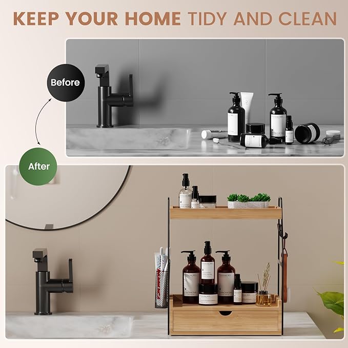 2 Tier Bathroom Counter Organizer with Drawer & Basket, Wooden Vanity Tray Countertop Shelf Accessories for Makeup Storage, Coffee Bar Station, Perfume Skincare, Kitchen, Bedroom (Brown)