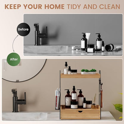 2 Tier Bathroom Counter Organizer with Drawer & Basket, Wooden Vanity Tray Countertop Shelf Accessories for Makeup Storage, Coffee Bar Station, Perfume Skincare, Kitchen, Bedroom (Brown)