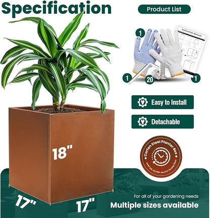 Corten Steel Planter Box Metal Outdoor Large Rectangular Rustic Durable Antique Detached for Commercial Residential Patio Deck and Backyard 17" x 17" x 18"
