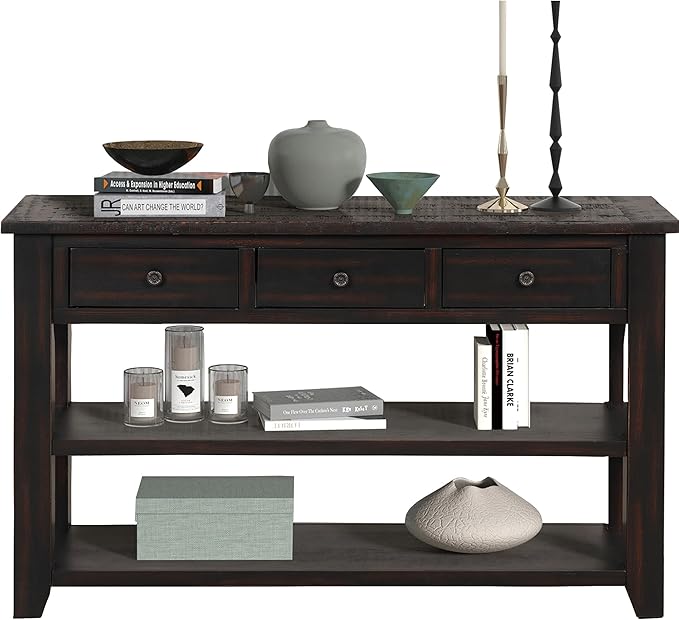 Solid Wood Console Table,Sofa Table with Storage Drawers and Bottom Shelf,Entryway Table for Entry Hallway Foyer,Fully Assembled (48.8" Distressed Black)
