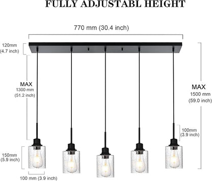 Black Chandelier 5 Light Dining Room Lighting Fixtures Hanging Linear Pendant Lights Industrial Modern Chandelier with Seeded Glass for Kitchen Island Living Room Bedroom Foyer Hall Entryway
